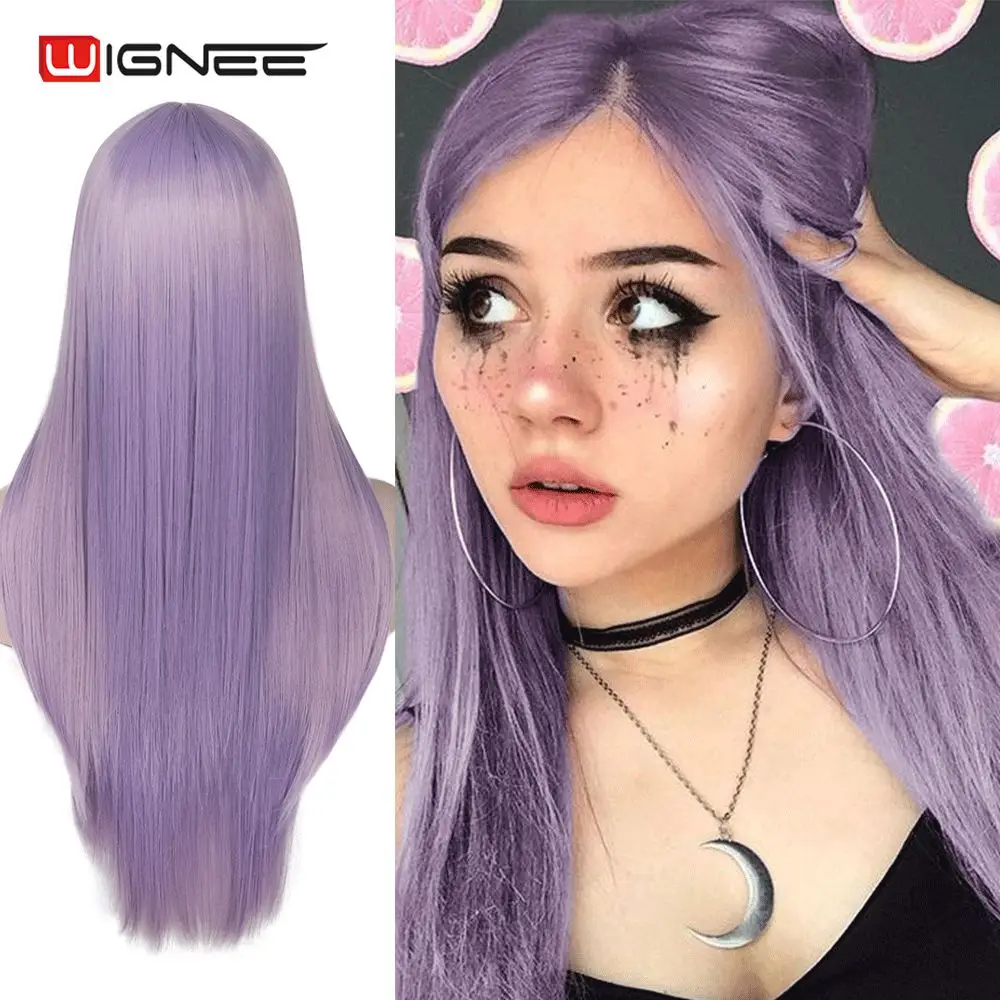 Parrucche resistenti al calore lunghe diritte in fibra sintetica viola chiaro per le donne parrucche naturali per capelli Cosplay parte centrale naturale