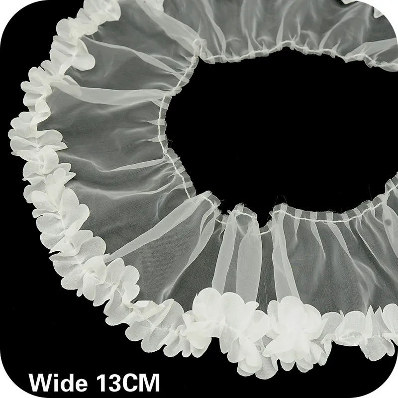 13CM Wide White Black Organza Pleated 3D Flower Lace Collar Ruffle Trim Fringe Ribbon Wedding Princess Dress DIY Sewing Supplies