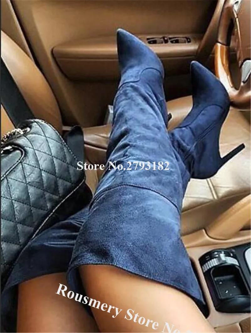 

Women Sexy Pointed Toe Suede Leather Stiletto Heel Over Knee Boots Blue Grey Black Slim Long High Heel Boots Dress Shoes