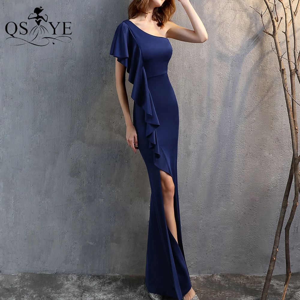 Robe de soirée bleu marine à volants, robe longue fourreau extensible, asymétrique épaule dénudée, robe de bal Simple, Sexy, fendue, robe élégante pour femmes, 2021