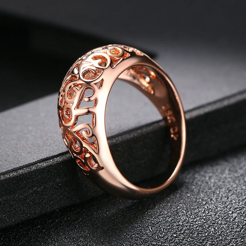 Women\'s Fashion Romantic Rose Gold Color Flower Hollowed Round Engagement Finger Ring Wedding Bands Vintage Jewelry Size 6 - 10
