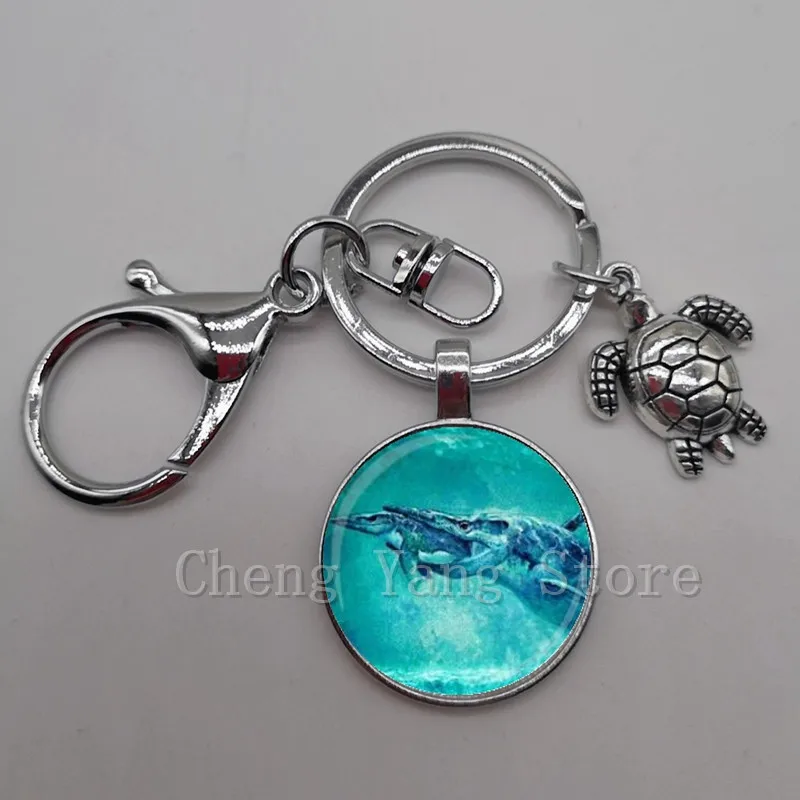 Marine life jewelry turtle dolphin shell keychain key ring glass convex round keychain charm turtle pendant Christmas gift