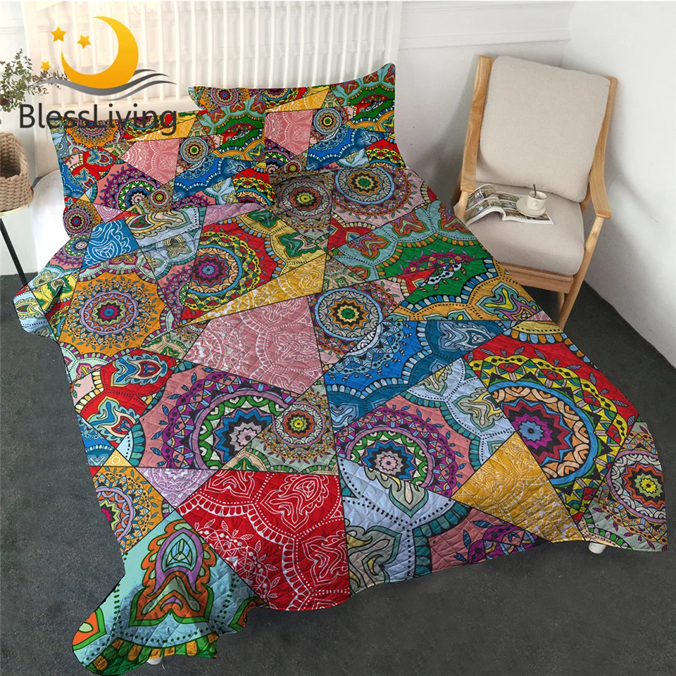 

BlessLiving Mandala Thin Comforter Set Pink Boho Quilted Bedding Set Flowers Patchwork Bedspread Colorful Summer Duvet 3-Piece