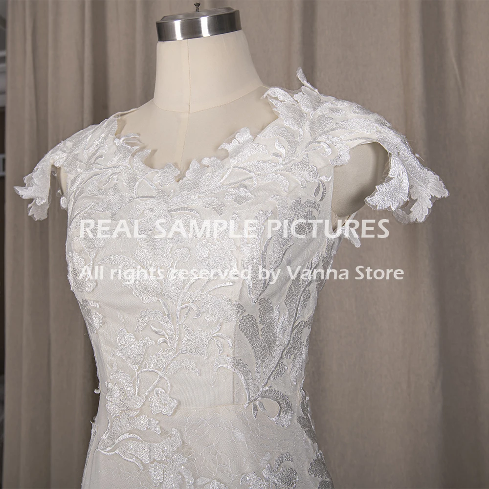 Romantic Lace Mermaid Wedding Dress Cap Sleeves Off The Shoulder 2021 Backless Buttons With Train Bridal Gown Custom Made 3417#