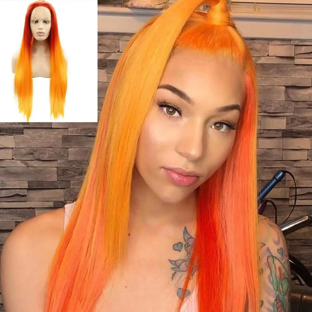 Long Wavy Lace Front Wig Ombre Red Orange Synthetic Wig Bright Fire Color Wigs for Women Free Part 180% Density Cosplay Wig 24