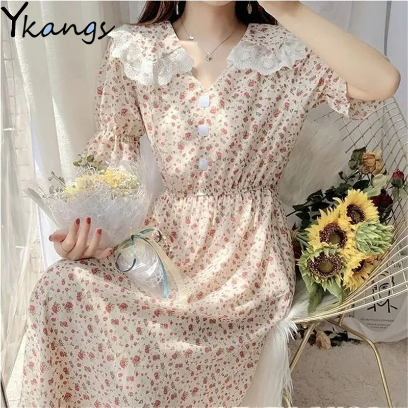 

Floral Print Y2k A-line Retro Loose Casual Dress Women Lace Shawl V-Neck Button Chic Korean Harajuku Maxi Aesthetic Dress Female