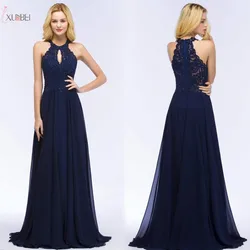 Burgundy Navy Chiffon Long Halter Bridesmaid Dresses A line Wedding Party Guest Dress Sleeveless Beads Gowns vestido madrinha