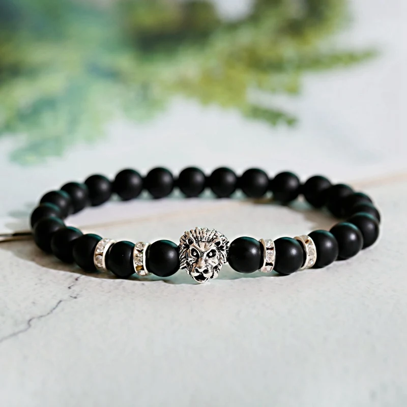 Classic Lion Bracelet Men Fashion Black Matte Stone Handmade Beaded Charm Bracelet Men Jewelry Pulsera Hombre
