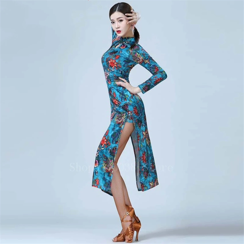 New Women Latin Dance Dress Long Sleeve Print Split Vintage Qipao Ballrom Practice Mordern Competition Stage Perfornmance Set