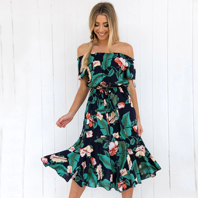 Boho Floral Print Summer Dress New High Quality Girl fashion Leaves Printing Off Shoulder Half Sleeve Dress Princess Dress Women