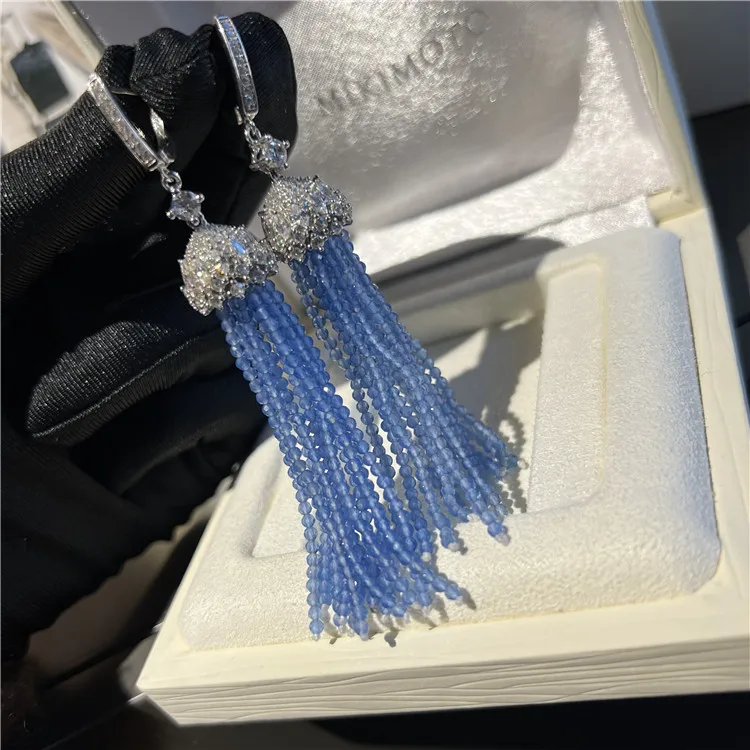 Nano stone long Tassel Earrings 925 Sterling Silver Earring