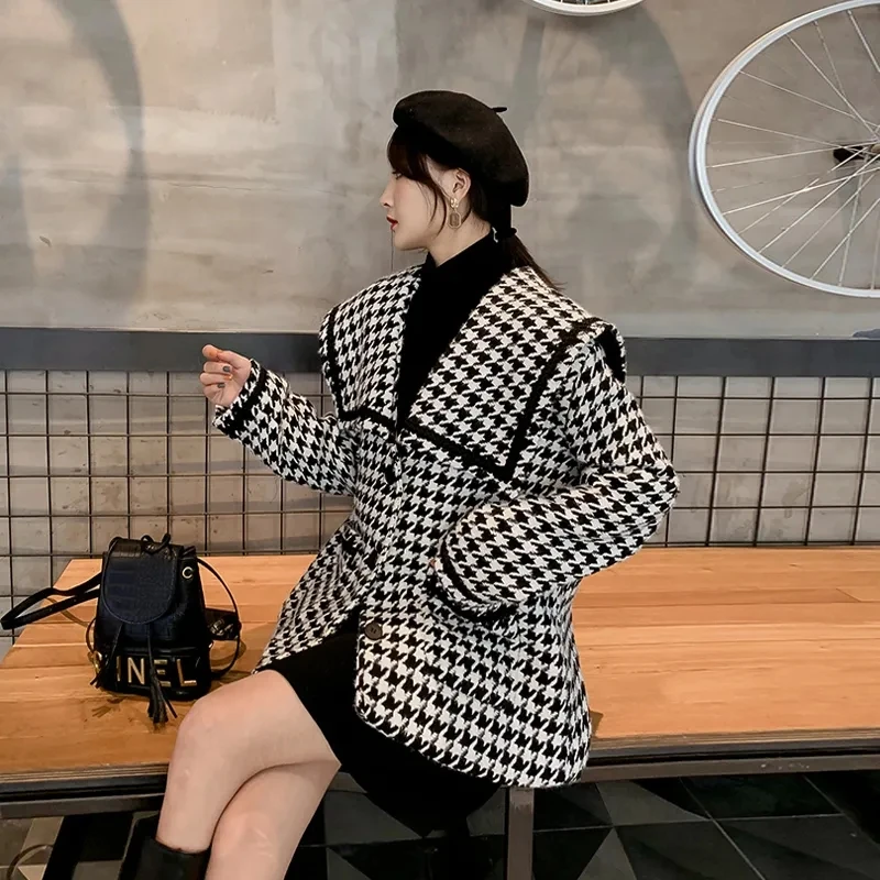 

Add Thick Women Plaid Tweed Jacket Korean Fashion Loose Houndstooth Lady Outerwear Sailor Collar Autumn Winter Plus Cotton Coat