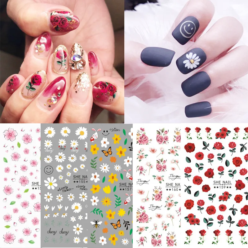 Morixi flower nail decals for spring season small daisy rose pink yellow  3D manicure foils self glue nail art sticker JM010