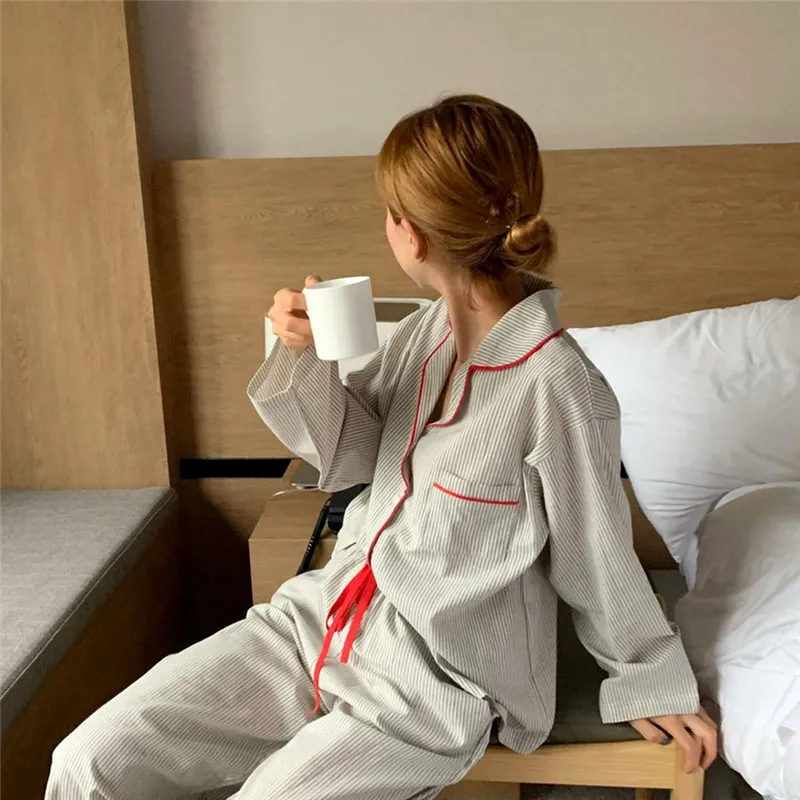 Autumn Loose Striped Pajamas Women\'s Pinstriped Lace Up Pants Long Sleeve Top Casual Cotton Japanese Style Pajamas 2pcs