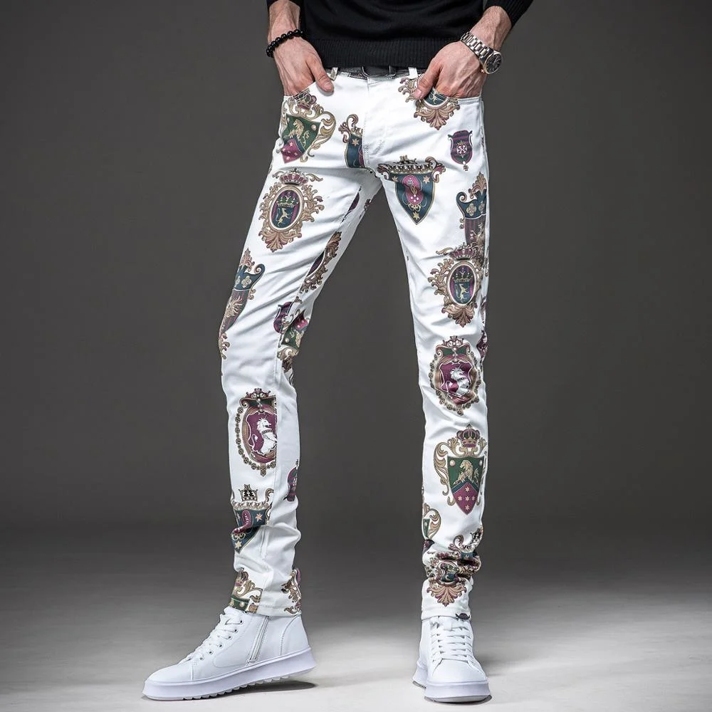 classical Men's Horse lion Printed Jeans Floral Coloured drawing Stretch Denim Pants Slim Fit Nightclubs Fashion Trousers