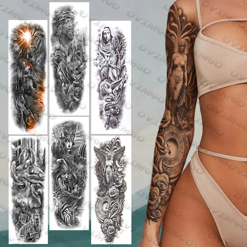 Tatouages Temporaires pour Homme et Femme, Manches, Ange, Bras Complet, Adulte, Réaliste, Horloge, Rose, Colombe, Faux Tatouage, Autocollant,