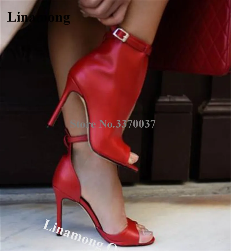 Linamong Fashion Style Peep Toe Cut-out Stiletto Heel Gladiator Sandals Red Black Leather Ankle Strap High Heels Party Shoes