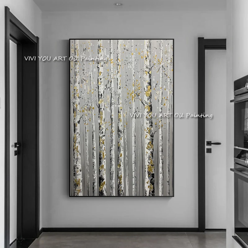 The 100% Hand Painted Abstract Forest Landscape Oil Paintings Gray Tree Wall Art Color Decorative for Bed Room Decor Frameless