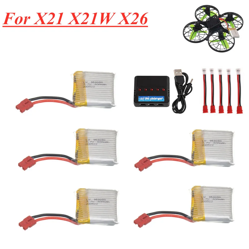 Upgraded 3.7V 800mAh Lipo Battery + 5 in 1 Charger For Syma X21 X21w X26 RC Quadcopter Drone Spare Parts Accessories