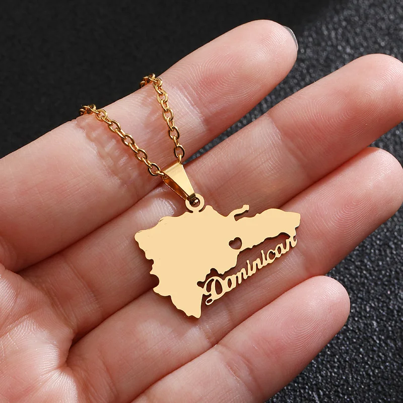 Stainless Steel Dominican Republic Map Pendant Necklace I Love Dominica Chain Necklaces Dominicans Jewelry Patriotism Gift