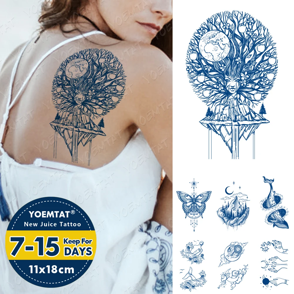 

Juice Lasting Ink Tattoos Body Art Waterproof Temporary Tattoo Sticker Tree Girl Doll Tatoo Arm Fake Mountain Sea Tatto Women