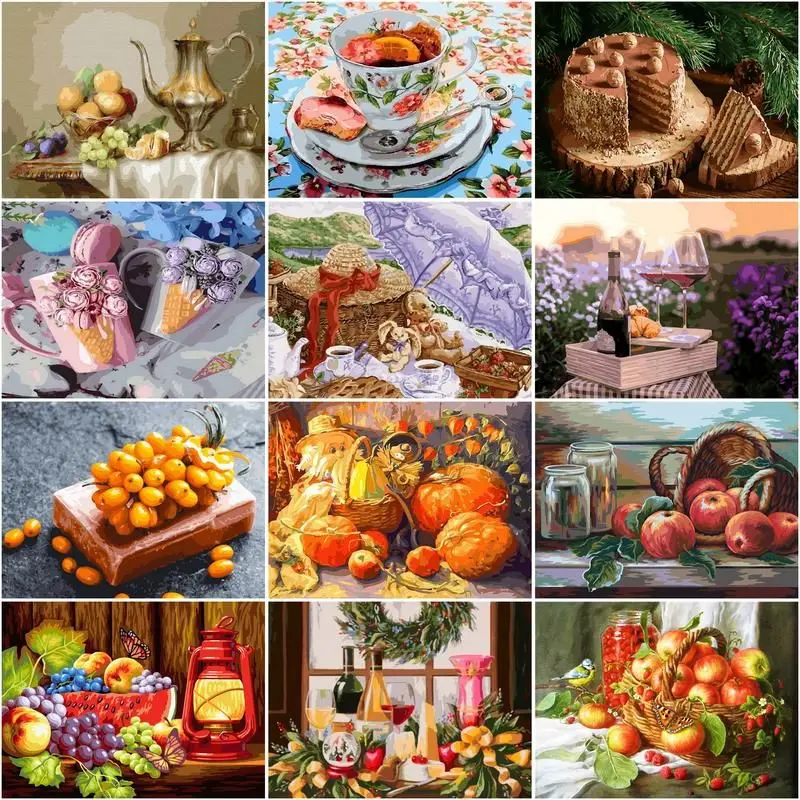 CHENISTORY Pictures By Number Food Landscape Diy Kits Oil Painting By Numbers Fruit Cake Handpainted Art Drawing On Canvas Home