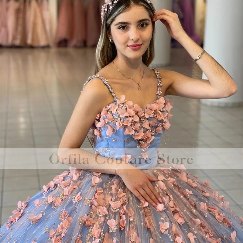 Vestido de quinceañera con hombros descubiertos para niña, vestido de fiesta de graduación mexicana con apliques florales en 3D, corsé trasero, 15 años, 2022