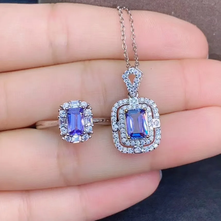 Engagement Best Gift Real Natural Tanzanite jewelry set Natural Real Tanzanite 925 sterling silver 1pc pendant,1pc ring