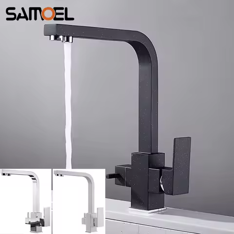 Contemporary Brass Matte Black Square 3-way Purified Kitchen Sink Faucet Deck-mounted Dual handle Drinking Water Mixer Tap B3411