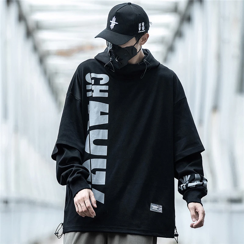 11bybb\'s DARK-Sudadera con capucha y letras estampadas para hombre, ropa de calle de Hip Hop, jersey de dos piezas falso, Tops Harajuku, WB402, 2021