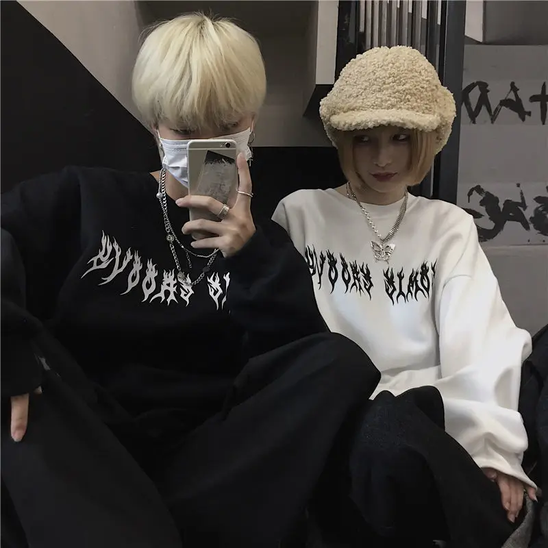 Harajuku Gothic Oversized Hoodies Streetwear Hip-hop Cool Couple High Street Sweatshirt Women Autumn Casual Loose Pullovers Tops