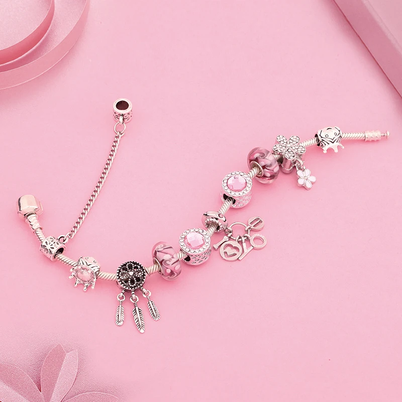 Cute Pink Crystal Bead Bracelet Flower Dream Catcher Charm Bracelet I Love You Little Priceness Prince Bracelet Girl Gift