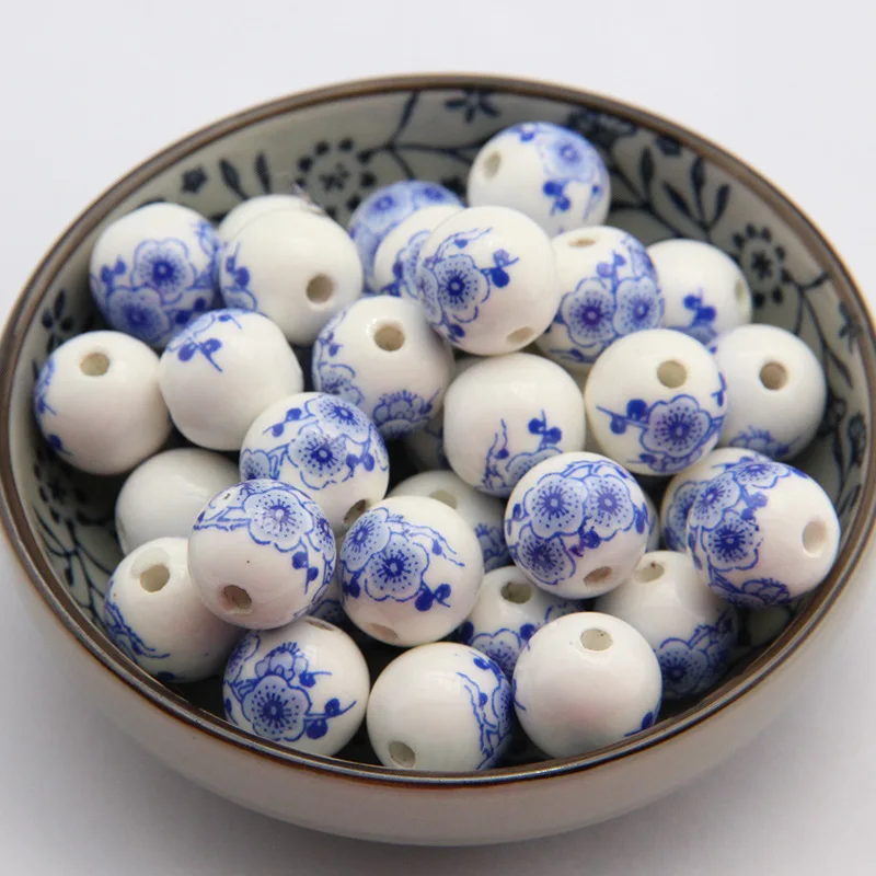 10Pcs/lot 8 10 12 14 mm Chinese Style Plum Blossom Round Ceramic Loose Beads For Handmade Diy Jewelry Making Supplies Wholesale