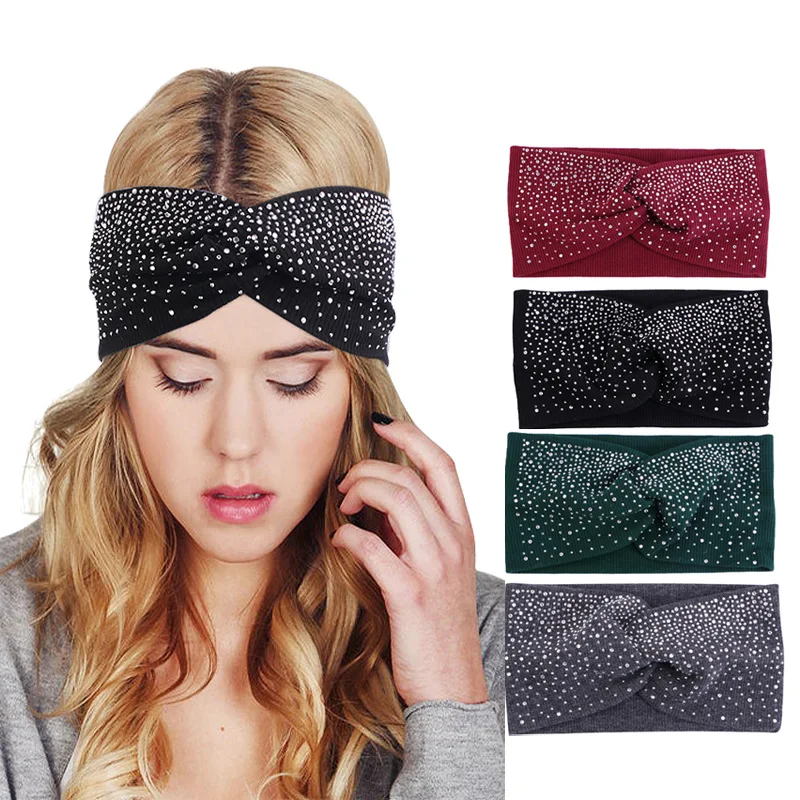 New Knitted Cotton Headband For Women Soild Color Sport Yoga Hair Band With Rhinestone Elastic Hairband Soft Headwear