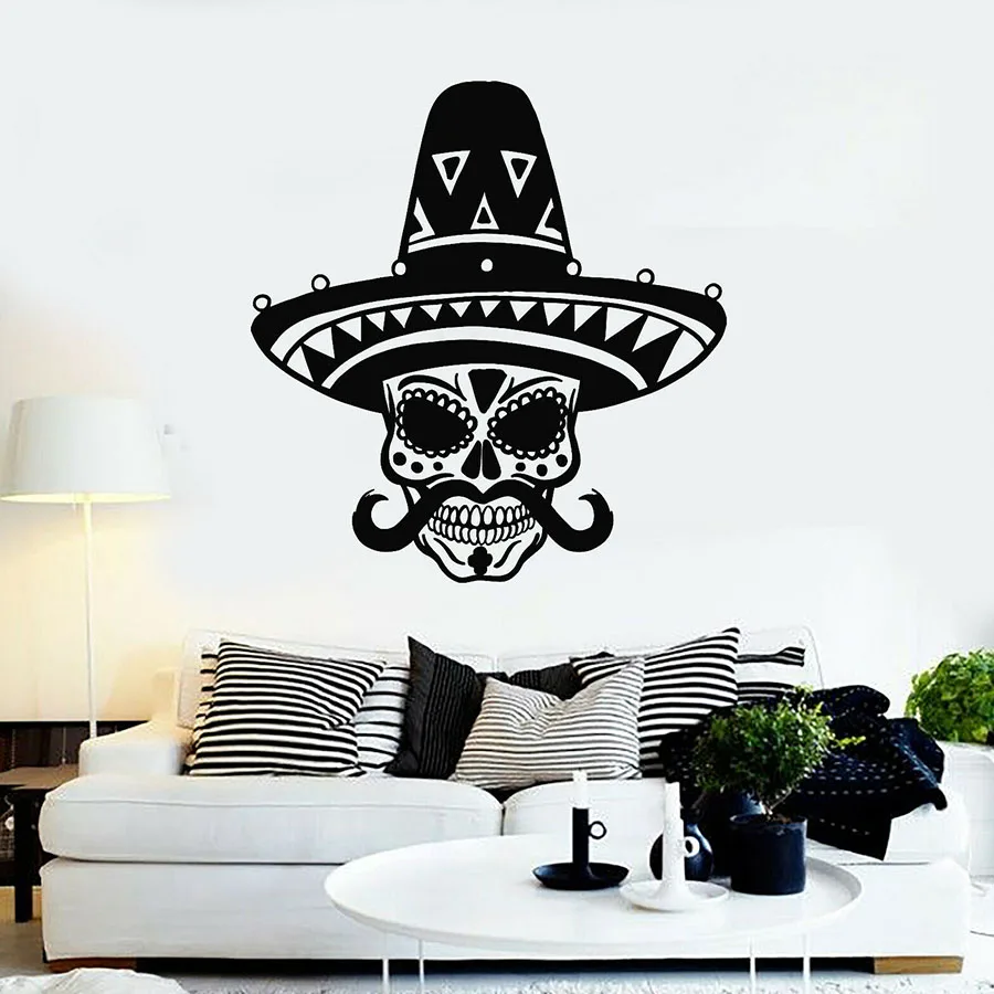 Wall Decal Sombrero Skeleton Vinyl Window Stickers Skull Cool Bedroom Man Cave Home Decoration Magic Moustache Mural Art S1300