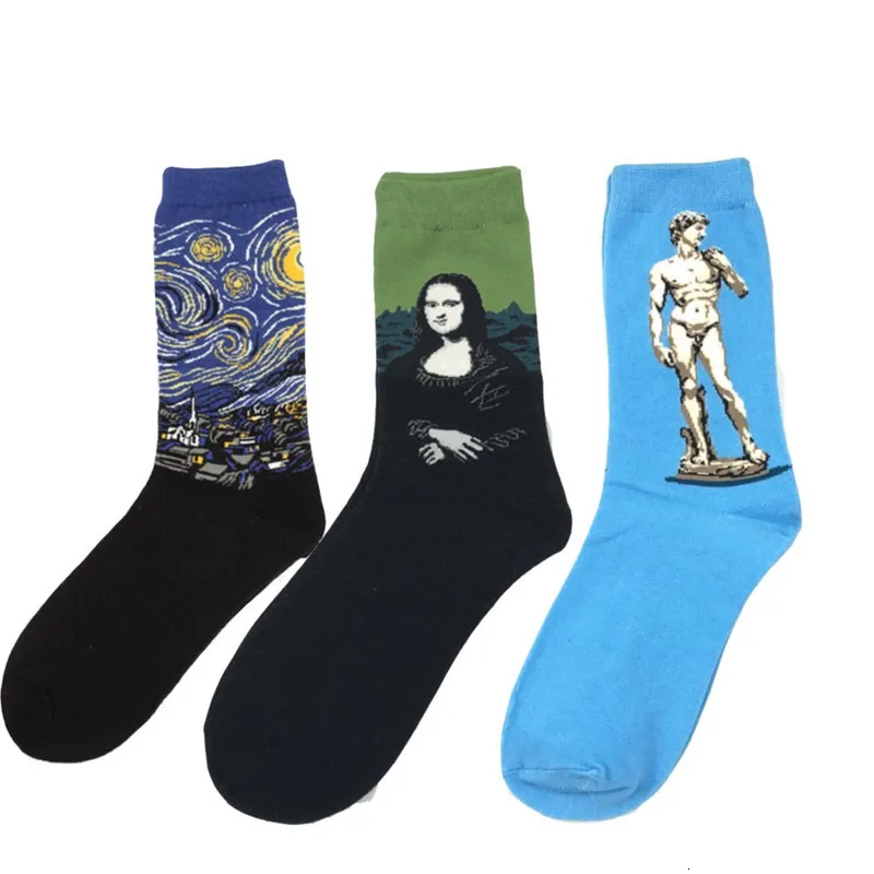 Chaussettes en coton de peinture à l\'huile de renommée mondiale pour hommes, nouveauté, hiver, nuit étoilée, art, drôle, heureux, nouveau, 1 paire