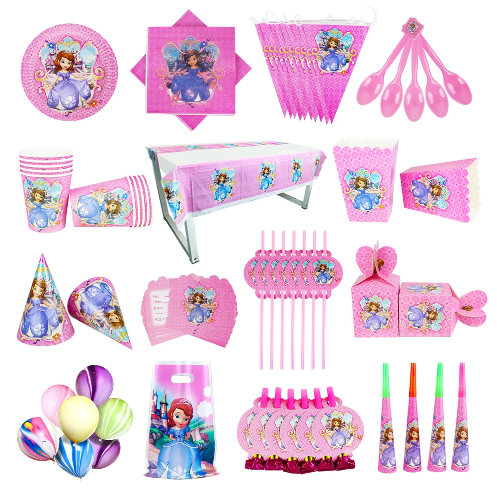 Disney Sofia Cups Plates Tablecloth Horns Balloon Girls Birthday Decoration Party Supplies Baby Shower Baptism Celebrate Gifts