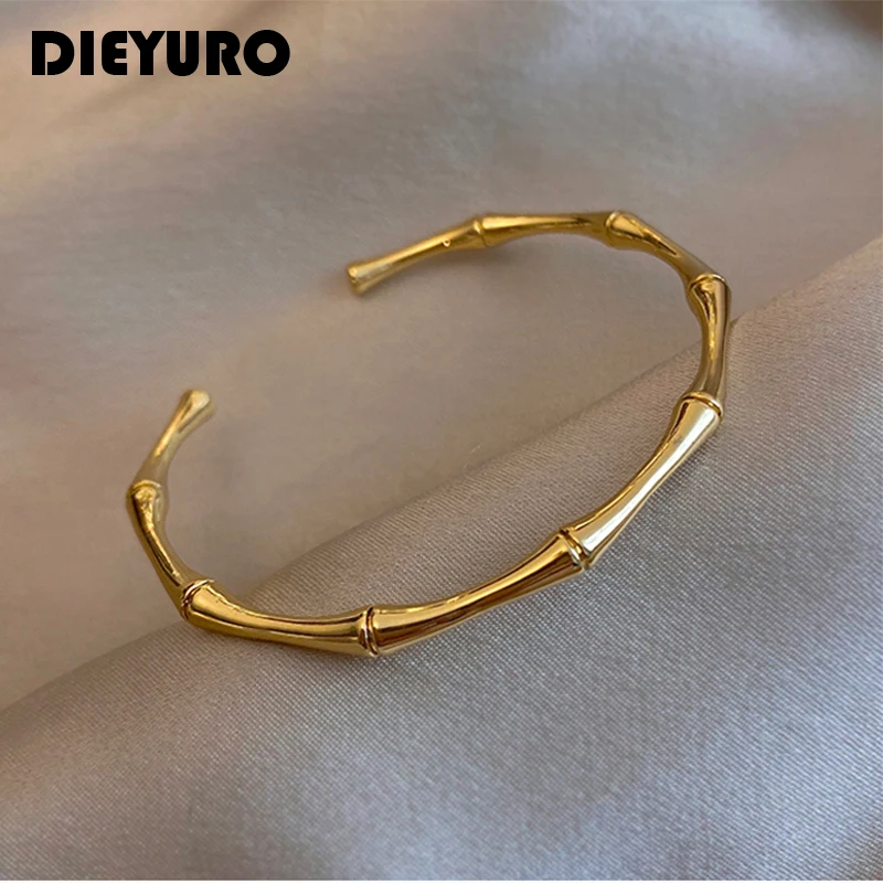 DIEYURO-pulsera delgada abierta de bambú de acero inoxidable 316L, joyería hecha a mano de alta calidad, regalo de aniversario, novedad de 2022