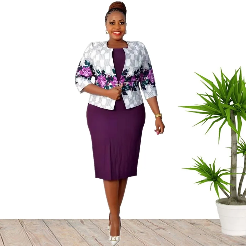 2022 Spring New Hot Sale African Style Plus Size High Quality Printed Coat And Solid Color Dress Suits Two Piece Set For Women