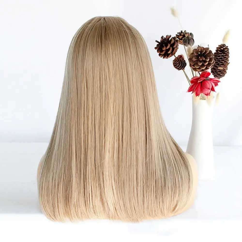 Anogol Synthetische Perücke mit Pony Dunkle Wurzel Ombre Farbe Natürliche Blonde Schlagzeile Wärme Beständig Haar Perücken für Frauen