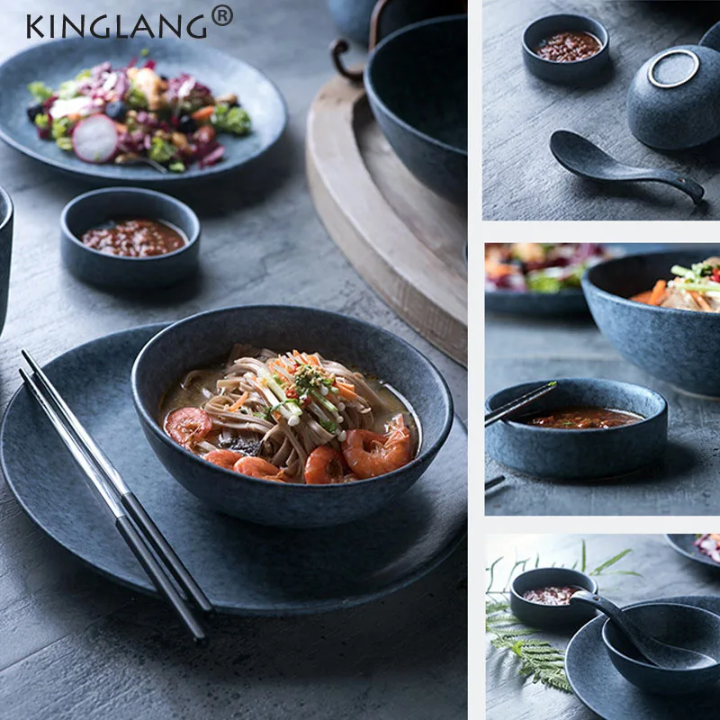 KINGLANG Ceramic Dinner Plate Set Looks Like Stone Grey 1/2/4 Person Tableware Set Plates