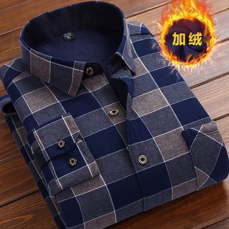 2024 New Autumn Winter Men Fleece Shirt Fashion Plaid Thick Keep Warm Shirt Male Print Long Sleeve Business Big size Shirt L-6XL