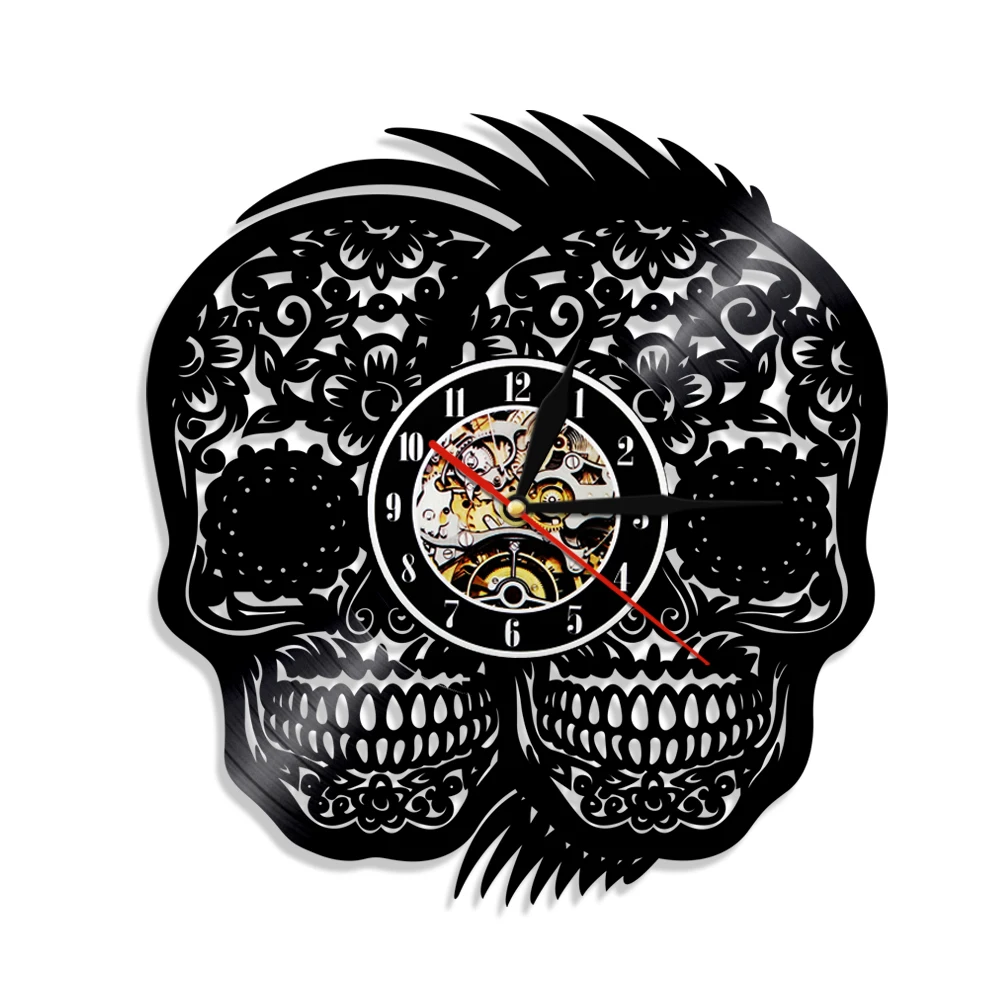 Double Smile Skull Heads Halloween Wall Clock Skeleton Heads Vinyl Record Death Crossbones Decor Hanging Watch Christmas Gift