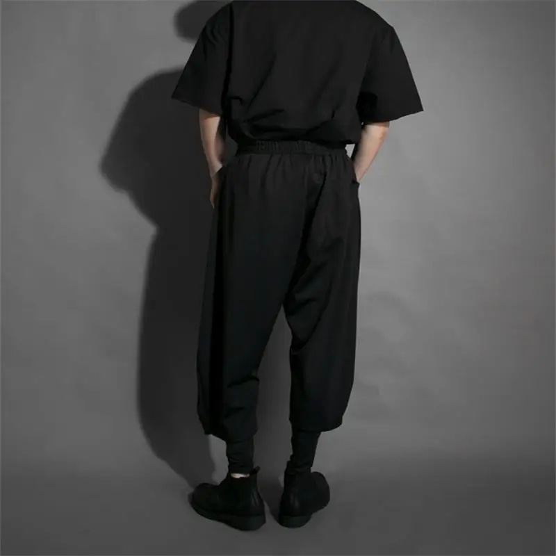 Men's Personality Trend Black Micro-Span Pants Loose Leisure Elastic Waist Seven Minutes Pants