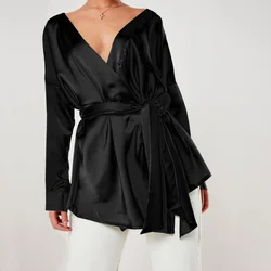 Elegant satin women blouse sexy V-neck long sleeve spring autumn office lady shirt with belt M30586