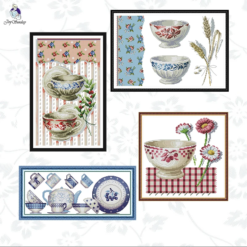 

Joy Sunday Porcelain Series DIY Handwork Cross Stitch Kits 11CT 14CT Printed Canvas Beginner Needlework Embroidery Gifts Sets