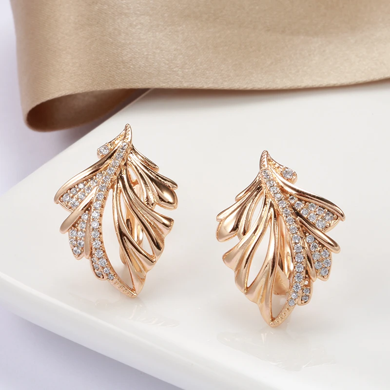 Kinel New 585 Rose Gold Earrings Ring for Women Micro-wax Inlay Natural Zircon Leaf Earrings Geometry Ring Wedding Jewelry Sets