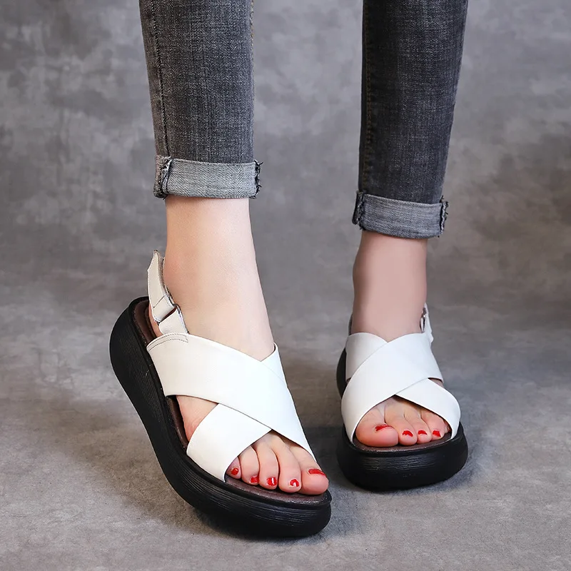 XT 2022 New Top Cowhide Breathable Leather Sandals Women Shoes Sandals Light Thick Bottom Wedges Sandals Summer Fashion Sandals