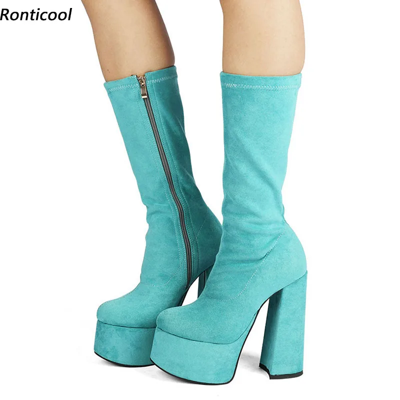 

Ronticool Fashion Women Spring Mid Calf Boots Hoof Heels Round Toe Black Lake Blue Fuchsia Night Club Shoes Plus US Size 5-13