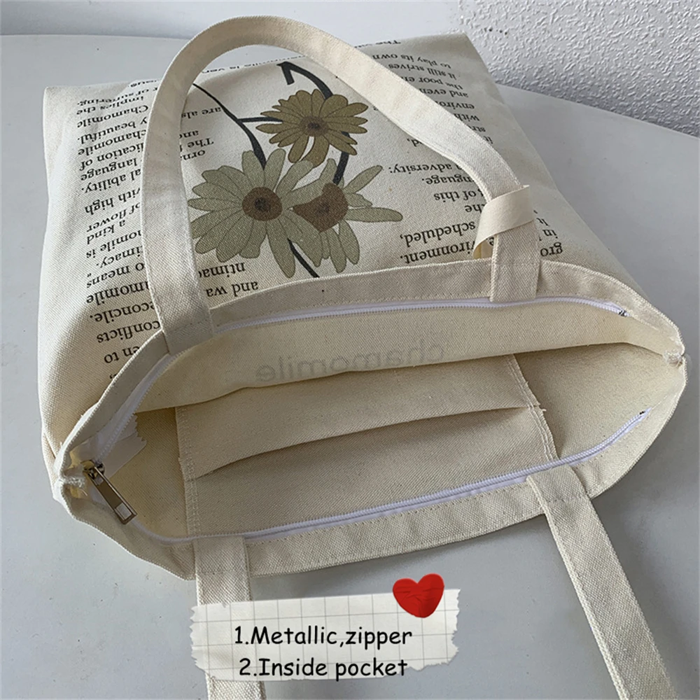 Sac à provisions en toile de style rétro pour femmes, sac fourre-tout à fleurs, impression de motifs, sac à main de grande capacité, illustration